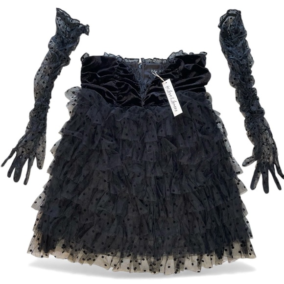 For Love And Lemons Jourdan Black Ruffle Polka Dot Mini Dress/Bodysuit w Gloves - Picture 2 of 10